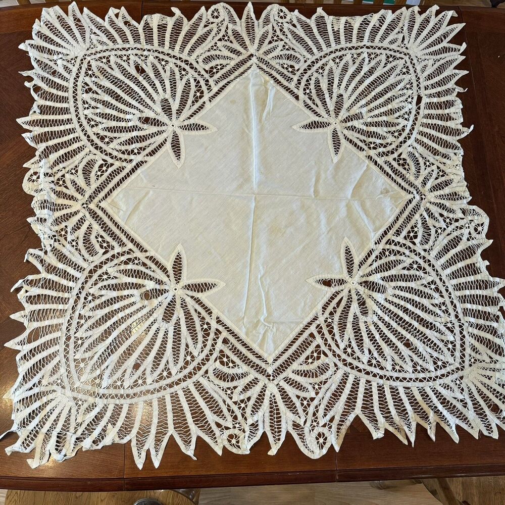 Antique TableCloth Battenburg Lace Handmade 44” Square With Hand Stitches Cotton